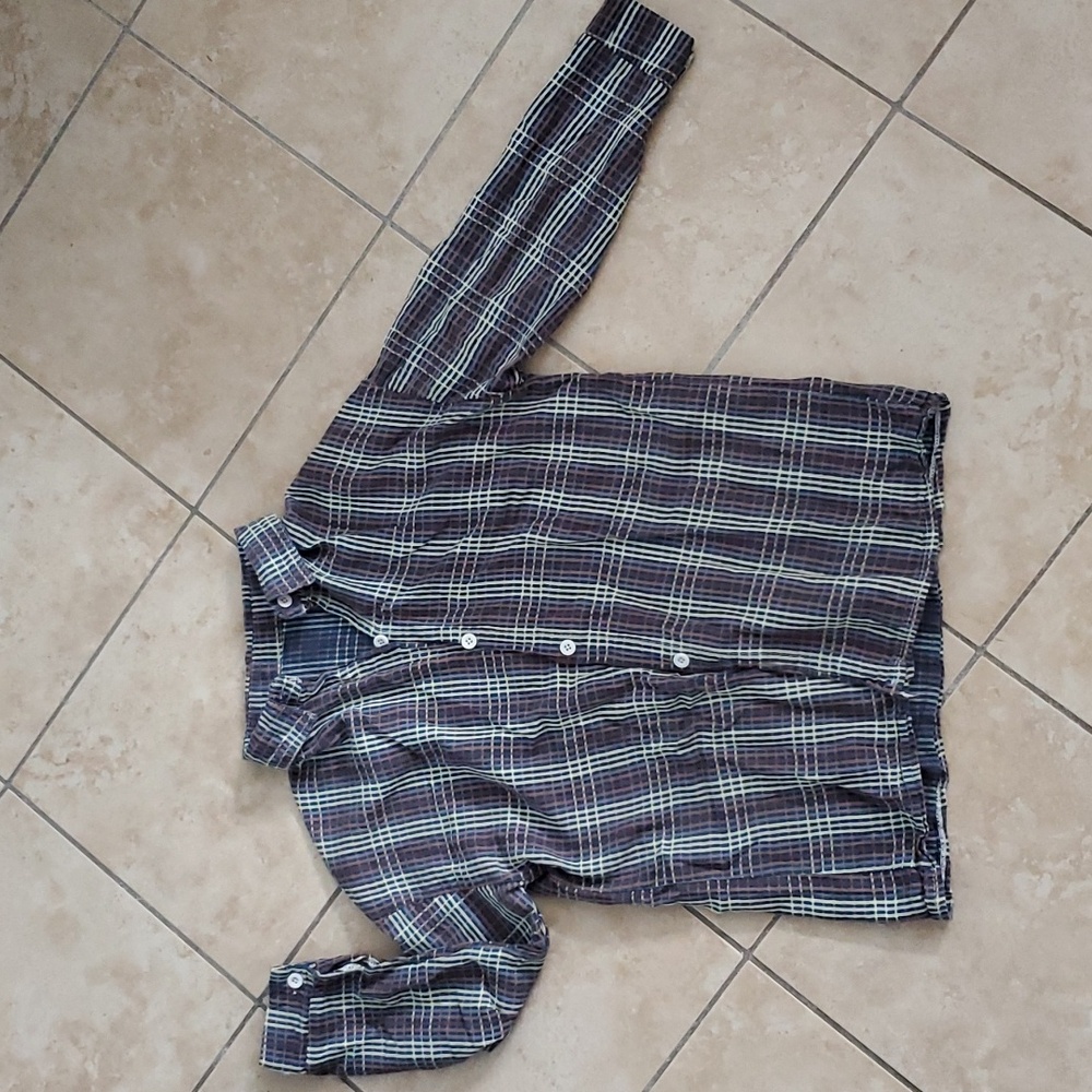 Purple Red Yellow Blue Striped Plaid Button Up Blouse sz 2
